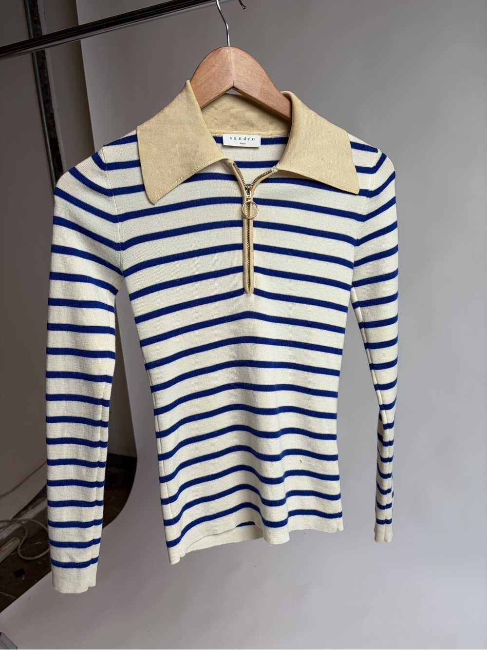 Sandro Blue & White Striped Zip Polo Top - Picture 4 of 8